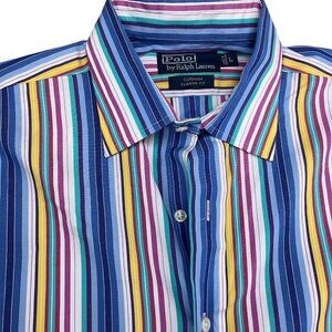 Polo Ralph Lauren Shirt Men Large Blue Yellow Rainbow Stripe Curham‎ Cotton